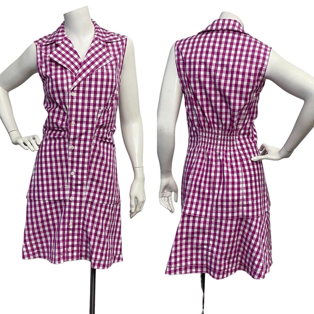 Derek Lam Crosby Satina Cotton Gingham Shirt‎ dress Fuschia pink & white sz 0